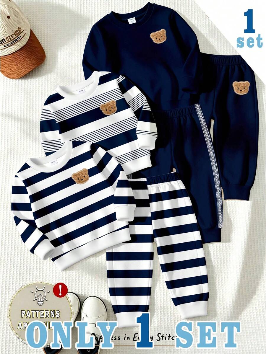 SHEIN 隨機發貨 1/3 款 抓絨皇家藍條紋拼色 嬰幼兒休閒時尚經典可愛熊拼色條紋印花圓領衛衣與運動褲套裝 - 彩色 - 查看 1
