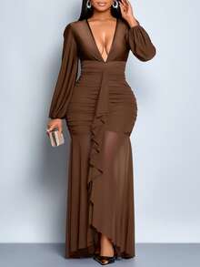 SOLERSUN Women's Plus Size Elegant Brown Mesh Maxi Dress Ruffle V-Neck Pleated Summer Party Night Out Club - Brown - View 8