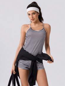 Loungeista Women's Casual Black & White Striped Print Camisole Pajama Set - Multicolor - View 1