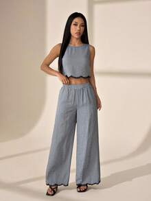 SHEIN PETITE 女款黑白格紋夏季兩件套，圓領背心上衣搭配鬆緊腰長褲，優雅度假茶會休閒穿搭，適合嬌小女性 - 黑與白 - 查看 9