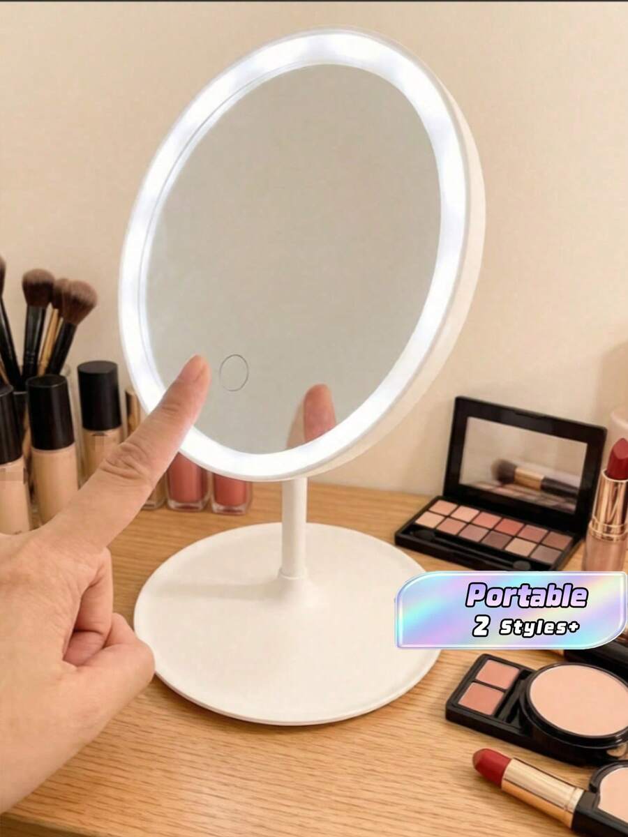 1pc LED 3-Color Makeup Mirror Touchable Dimming USB Charging Portable Desktop Vanity Mirror For Dormitory Bedroom Powder Room - Tray vanity mirror - View 1