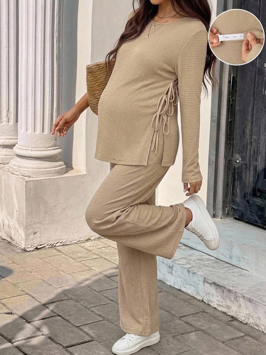 SHEIN 孕婦純色側開衩綁帶上衣與長褲兩件套 秋季 - 卡其色 - 查看 1