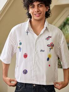 Whitmere Men's Striped Print Embroidered Front Button Short Sleeve Shirt, Summer - White - View 8