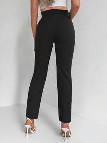 EURMUSE Solid High Waist Suit Trousers - Black - View 4