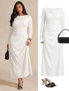 SHEIN BAE Plus Size Women's Elegant Long Sleeve Pleated Dress, Yellow, Autumn/Winter Fall - White - View 7