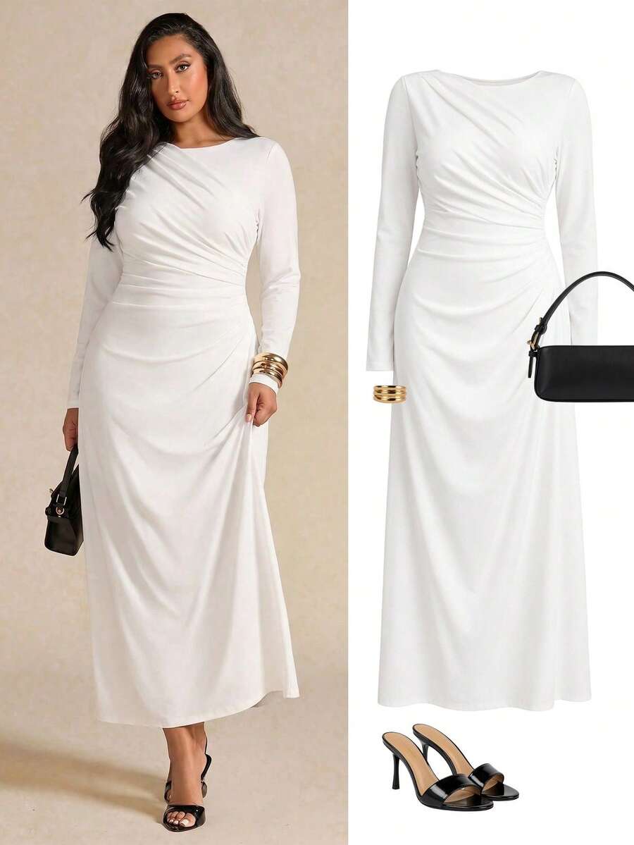 SHEIN BAE Plus Size Women's Elegant Long Sleeve Pleated Dress, Yellow, Autumn/Winter Fall - White - View 1