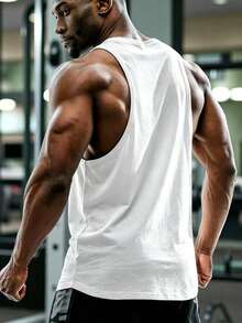 GymBeat 男士休閒字母印花圓領運動背心，健身房適用 - 白色 - 查看 2