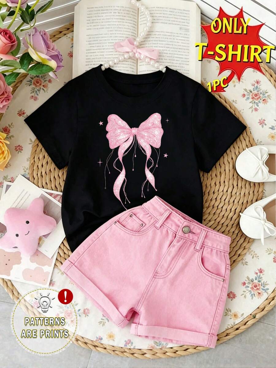 返校季女童幼兒休閒時尚清新亮片蝴蝶結與星星圖案基本款黑色短版T恤,舒適夏季日常穿著 - 黑色 - 查看 1