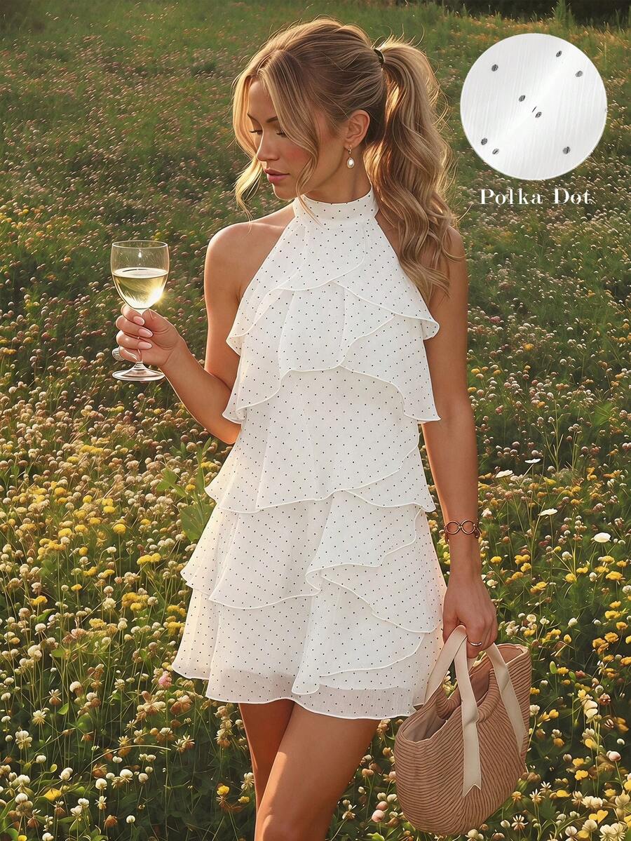 SHEIN MOD Vestido mini con cuello halter, espalda descubierta y volantes multicapa con lunares en blanco & negro - Blanco y Negro - Ver 1