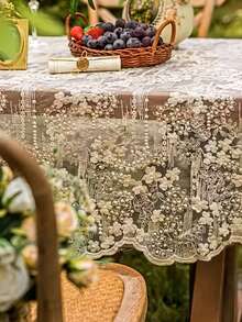 1PC Elegant White Lace Polyester Tablecloth, Floral Pattern Woven, Round/Rectangle For Wedding, Birthday, Thanksgiving, 4th July, New Year, Home, Party - Beige - View 7