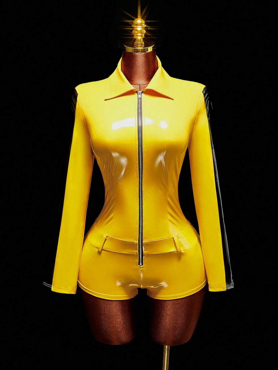 Amplova Women's Halloween Cosplay Black & Yellow Contrast Color Tight Romper Unitard Sexy Casual - Yellow - View 1