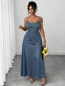 Elenzga Plus Size Minimalist Blue Spaghetti Strap Dress - Multicolor - View 3