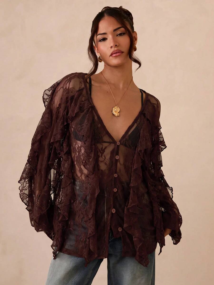 SHEIN Glamour 女士休闲街头咖啡色V领长袖衬衫 - 咖啡棕 - 查看 1