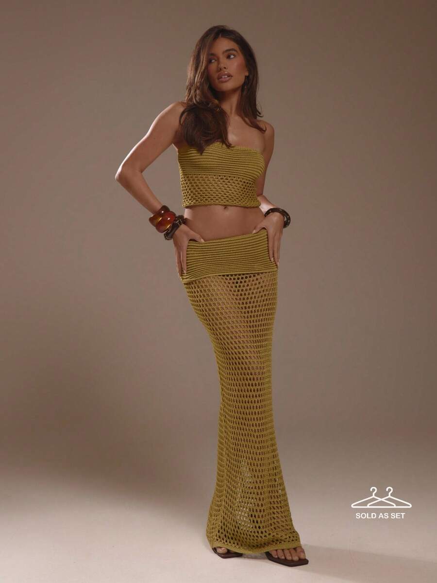 MUSERA Zarina 綠色鏤空針織抹胸上衣與長裙套裝,夏季度假 Ibiza 音樂節風格 - 芥末黃 - 查看 1