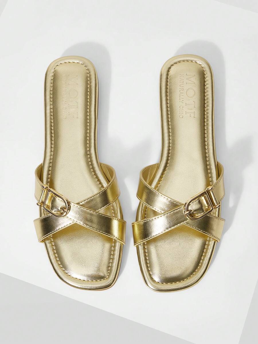 MOTF WOMEN'S DARK BROWN BUCKLE DECOR CRISS-CROSS FLAT SLIDE SANDALS - CASUAL/BEACH COMFORTABLE SUMMER SLIPPERS SPRING SHOES SUMMER SHOES - Gold - View 2