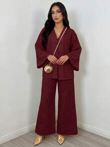 Duskaine 女款純色長袖上衣與長褲休閒端莊優雅日常兩件套茶會穿搭酒紅色秋季 - 酒紅色 - 查看 6