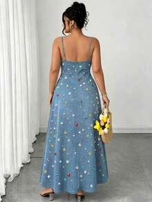 Elenzga Vestido de tirantes finos azul desgastado simple talla grande - Multicolor - Ver 2