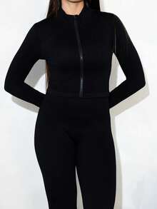 Maju Mazalli Women's Seamless Yoga Sports Zip-Up Crop Top And High Waist Sports Leggings Set Black 2 Piece Set Flared Leggings Set - Black - View 6