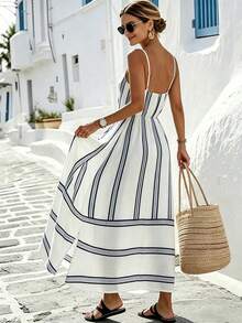 Breezaya Navy Blue And White,Summer,Casual,Holiday,Vacation,Holiday V-Neck Elegant Dress,Spaghetti Straps Contrasting Stripes Loose A-Line French Retro Gown - Multicolor - View 2