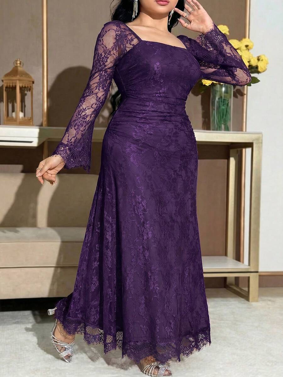 Feyla Plus Size Solid Color Square Neck Mesh Patchwork Elegant Long Sleeve Dress Fall - Purple - View 1
