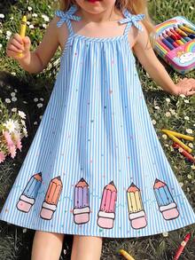 Elladie kids 女童套裝 1件裝 藍色條紋洋裝，卡通刷紋圖案下擺蝴蝶結飾品細肩帶背心 A字喇叭公主裙，適合日常休閒旅遊度假，夏季度假洋裝 - 藍色 - 查看 6