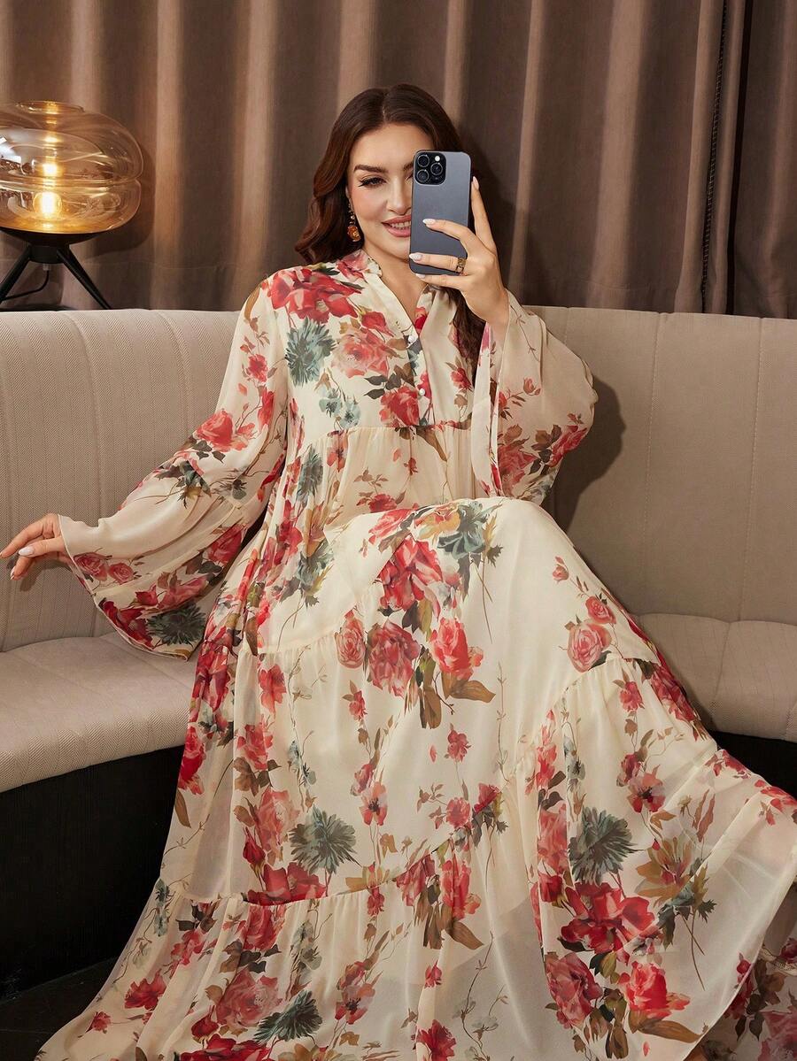 Al Najma Plus Size Women's Fashion Elegant Printed Minimalist A-Line Dress - Apricot - View 1