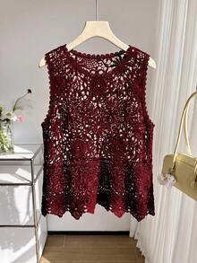 SHEIN EZwear 大尺碼女款春夏鏤空針織背心 - 酒紅色 - 查看 4