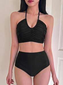 DAZY Black Sexy Ruched Flattering Vacation Swimwear Beach Outfits - Black - View 7