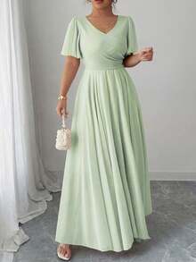 Elenzga Plus Size Women's V-Neck A-Line Chiffon Dress With Ruffle Sleeves, Simple Elegant And Romantic - Green - View 3