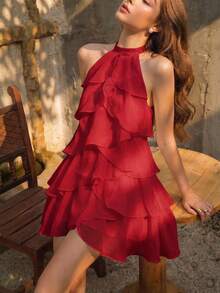 Skyraze Vestido mini blanco con cuello halter, cuello alto y volantes multicapa - Rojo - Ver 3
