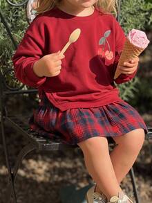 THE HAPPY LOOK Young Girl Strawberry Pattern Knitted Soft Round Neck Long Sleeve Plaid Patchwork Dress - Multicolor - View 1