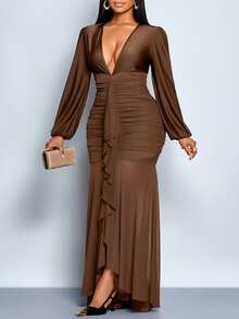 SOLERSUN Women's Plus Size Elegant Brown Mesh Maxi Dress Ruffle V-Neck Pleated Summer Party Night Out Club - Brown - View 7