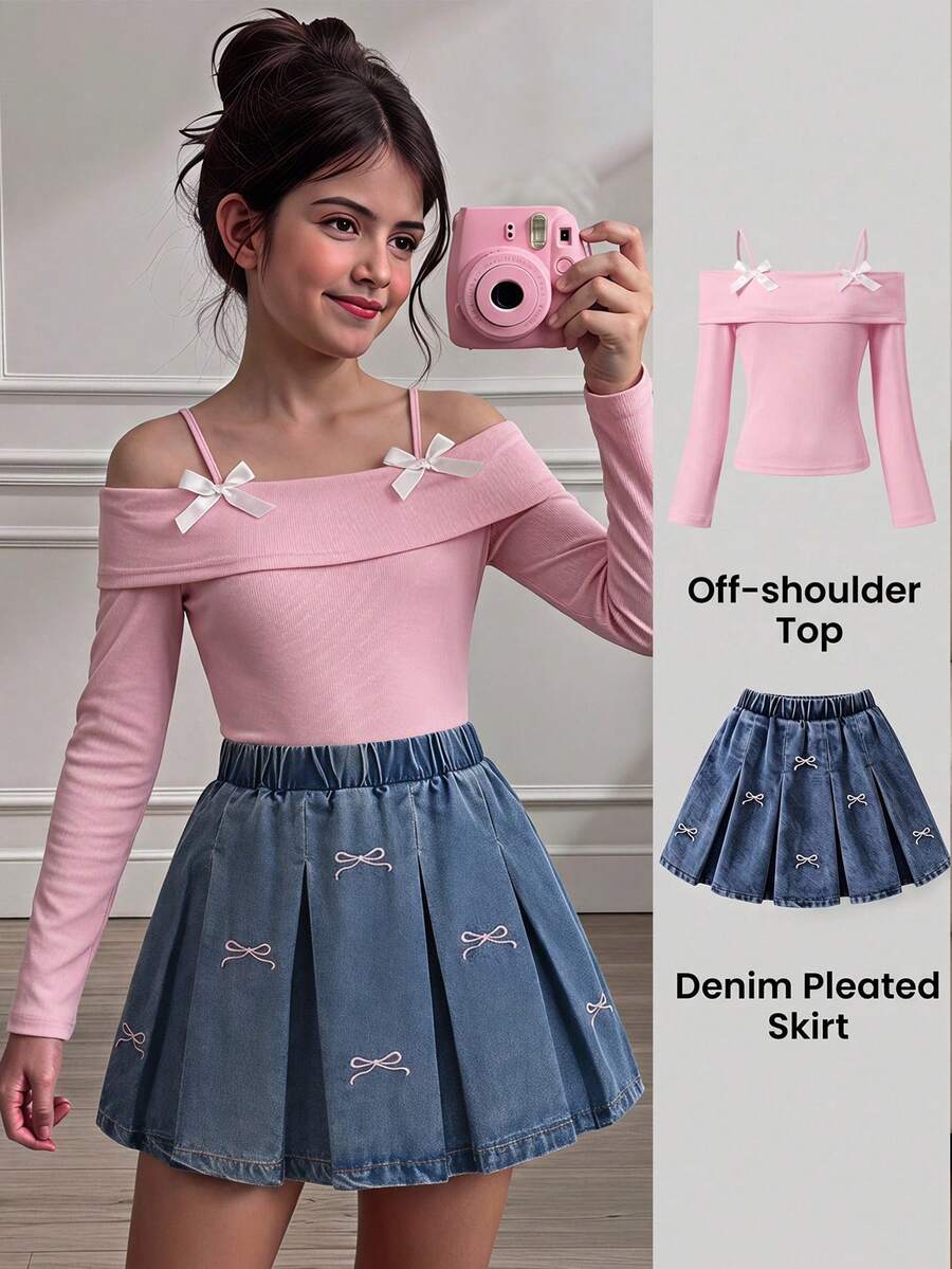 SHEIN Tween Girl Fall Outfits Fall Tops Fall 2 Pieces Set: Pink Soft Polyester Off-Shoulder Camisole Top With Bowknot - Pink - View 1