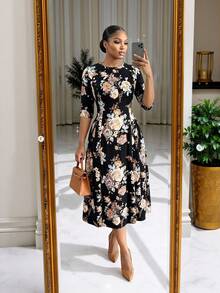 SHEIN Lady Plus Size Women's Floral Print 5-Sleeve Round Neck Elegant Dress High Tea Evening Party Black Summer - Multicolor - View 3