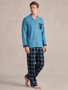 EverLounge 男士格紋拼色經典翻領開襟休閒居家服套裝 - 墨綠色 - 查看 3