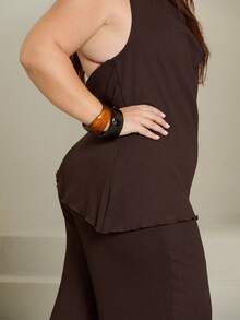 Lele Munniz Chocolate Brown Plus Size Women 2 Pieces Set: Halter Top & Pants - Chocolate Brown - View 6
