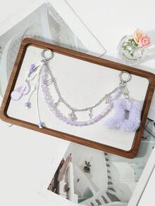 ROMWE Anime 1 Fashion Temperament Simple Purple Gradient Fine Beads Double Chain Simulation Tape Fine Flash Bow Note Braided Lace-Up DIY Keychain Bag Pendant - Purple - View 9