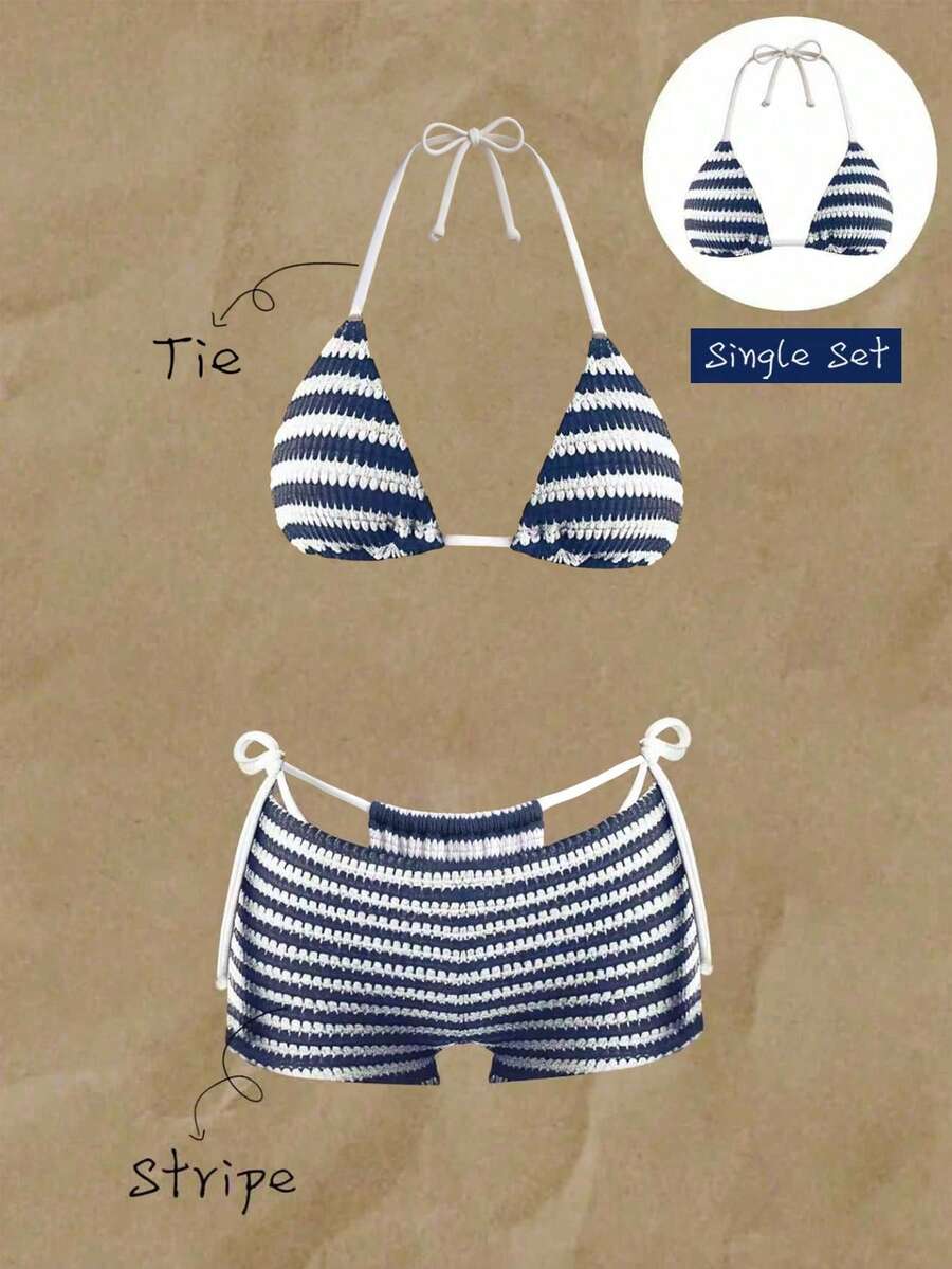 Elavelle 女士春夏提花面料挂脖系带比基尼上衣 - 彩色 - 查看 1