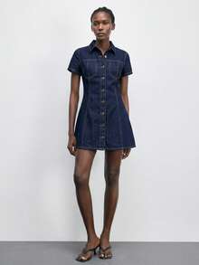 Maija Women's Summer Casual Retro Vintage 70S 70S Retro Front Button Denim Dress Everyday Party Navy Blue Autumn Outfit For Women - Dark Wash - View 9
