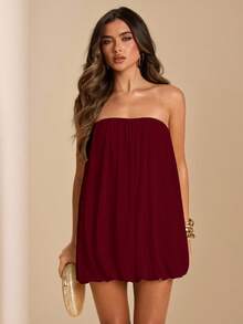 SHEIN BAE Spring/Summer Solid Apricot Strapless Mesh Puff Mini Dress, Elegant Sexy Ruched Mini Dress - Burgundy - View 6