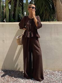 Livesso Women's Textured Tie-Front Ruffle Hem Blouse And Loose Long Pants 2 Pieces Set - Khaki - View 5