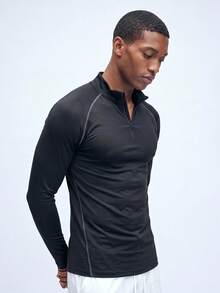 Nelvento Soul Men's Winter Plain Black Athleisure Gym Half-Zip Long Sleeve T-Shirt,Lightweight Breathable Fitted Compression Workout Tops,Sports Casual Running Tees - Black - View 3