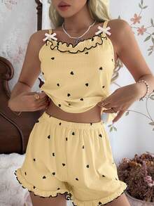 Tulorae Women's Ribbed Velvet Camisole & Shorts Pajama Set With Ruffle Trim, Small Bow And Romantic Heart Design - Yellow - View 7