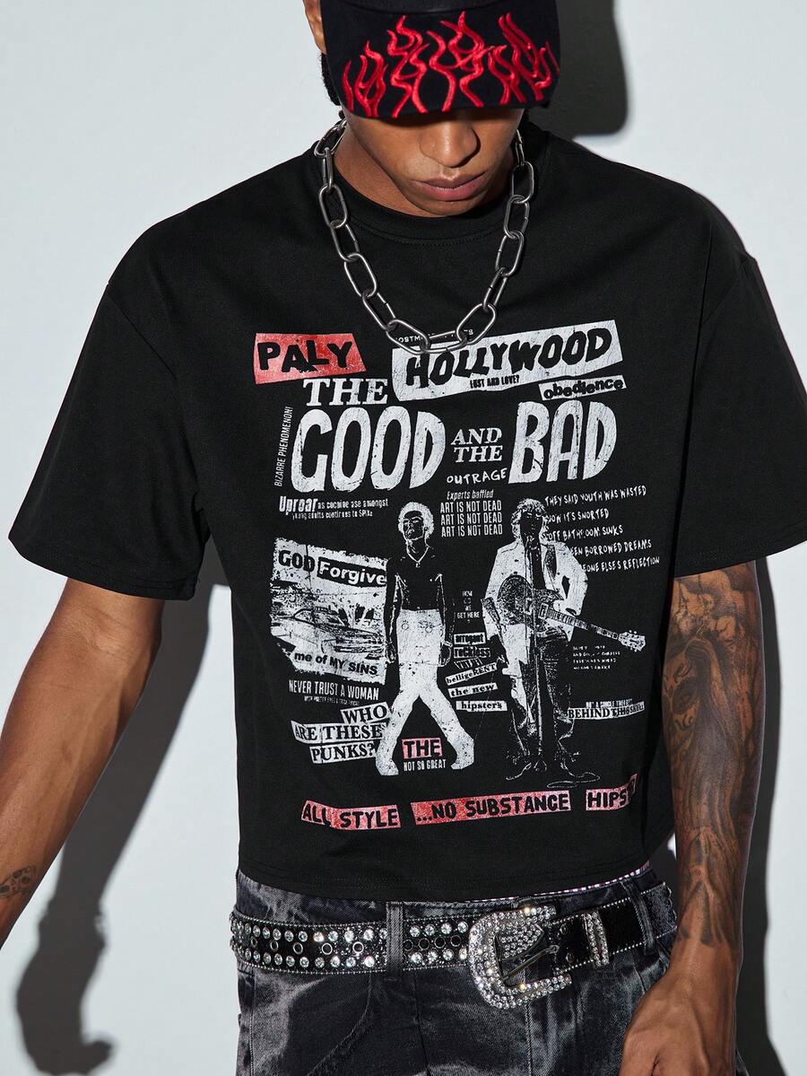 Modcrash Men's Summer Letter Print Casual Versatile Daily Short Sleeve T-Shirt - Black - View 1