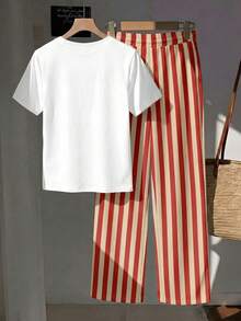 Comfortcana 2pcs Set Embroidered Round Neck Short Sleeve Top And Striped Print Pants, Casual - Multicolor - View 2
