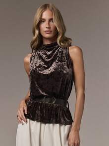 COSMINA Women's Vintage Sexy Pleated Shirt, Shiny Velvet Fabric With Stand Collar And Pleated Design, Includes Belt, Sleeveless Autumn/Winter Top Can Be Paired With Outerwear, Women's Autumn/Winter Outfit, Women's Autumn Clothing, Brown Elegant Women's Top - Brown - View 1