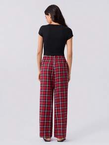 Loungeista 2pcs/Set Sexy Slim Square Neck Button-Up Short Sleeve Top And Plaid Pants Loungewear - Black - View 2
