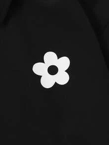 SHEIN 3件組女孩白色花卉長袖襯衫、黑色條紋數位印花長褲、白色細肩帶背心，適合春夏外出穿著 - 黑色 - 查看 6