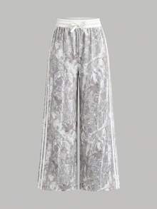 SHEIN Tween女孩新款針織豹紋拼接貼帶寬腿運動褲，春夏秋冬皆宜，休閒百搭修身低腰鬆緊腰帶寬鬆運動褲，拼色拼接，海軍藍，返校季 - 彩色 - 查看 8