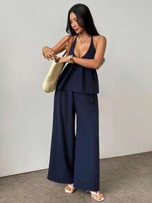 SHEIN PETITE Women's Solid Color Halter Tie Backless Pleated Top And Wide Leg Pants Casual Elegant Sexy 2-Piece Set Petite Night Out Vacation Navy Blue Summer - Navy Blue - View 4